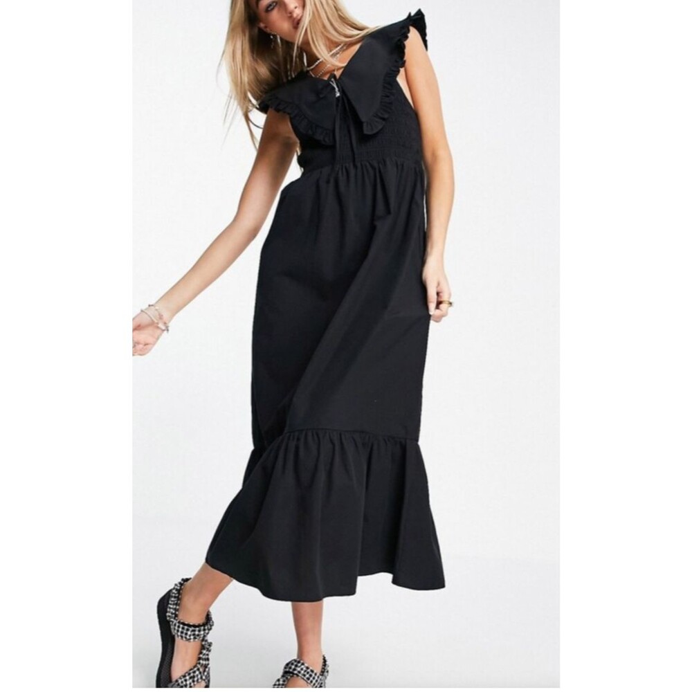 Topshop Smocked Midi Dress 10 Black Ruffle Collar